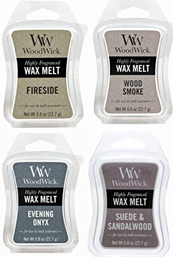 WoodWick Cozy Cabin Bundle - 4 Items Evening Onyx Fireside Suede and Sandalwood and Wood Smoke 0.8oz Mini Wax Melts