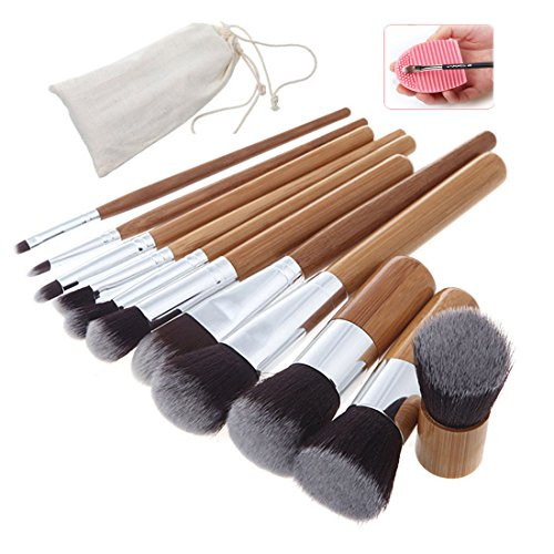 Lookathot Makeup Brushes 11 Pieces Makeup Brush Set Bamboo Handle Professional Foundation Blending Blush Eye Face Liquid Powder Cream Cosmetics Brushes with Pouch Bag and Brush Egg