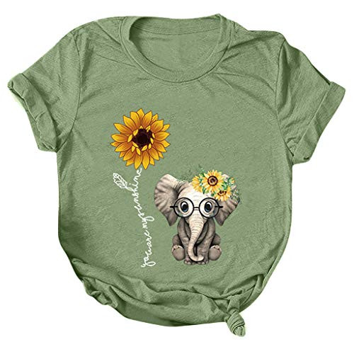 NarZhou Women T Shirts Sunflower Elephant Print Graphic Tees Summer Funny Casual Short Sleeve Tops T-Shirt Tunics Green