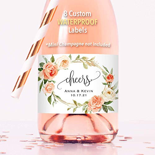 8 Customized WATERPROOF Polyester Mini Champagne Bottle Labels Personalized Peach Floral Wreath Mini Wine Bottle Label Sticker 2x3.5 inch Baby Bridal Shower Wedding Birthday Party Fast Free Shipping