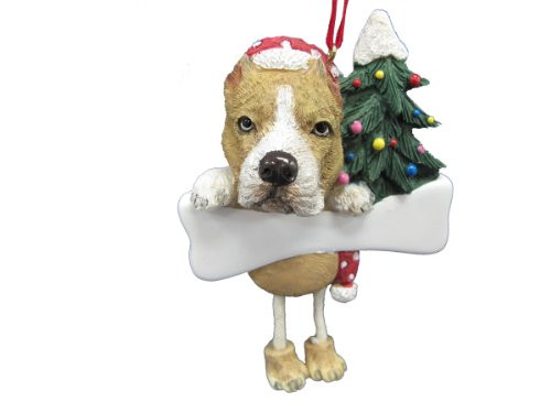 Pit Bull Ornament Tan and White with Unique "Dangling Legs" Hand Painted and Easily Personalized Christmas Ornament