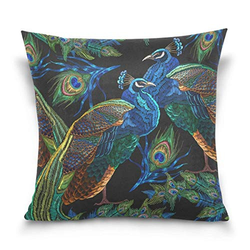 FJPT Throw Pillow Cover Beautiful Peacocks Green Blue Fantasy Feaher Cotton Pillowslip for Sofa Bed Stand Size Pillowcase 16x16 Inch
