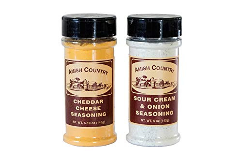Amish Country Popcorn   Seasoning Variety Pack   Sour Cream and Onion  and  Cheddar Cheese Popcorn Topping   2 Pack Flavor Variety Bundle   Old Fashioned with Recipe Guide