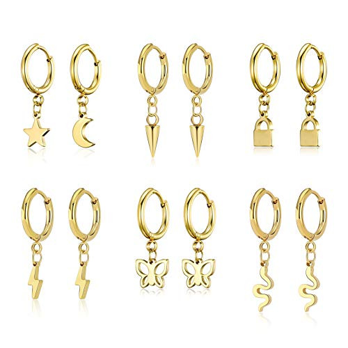 6 Pairs Small Hoop Earrings Set for Women Charm Huggie Hoops with Dangle Girls Cute Butterfly Moon Star Lock Snake Gold Mini Earrings