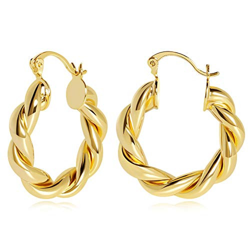 FAMARINE Twisted Gold Hoop Earrings for Women Chunky Hoop Earrings Lightweight Gift 14K Real Gold Plated