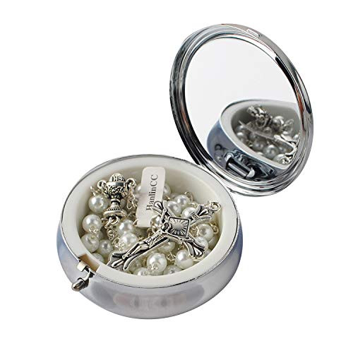 HanlinCC 6mm White Color Glass Pearl Prayer Beads First Communion Rosary with Chalice Center Piece and Crucifix in Anti-Silver Plated for Girls and Boys Pack in Holy Cup Metal Gift Box