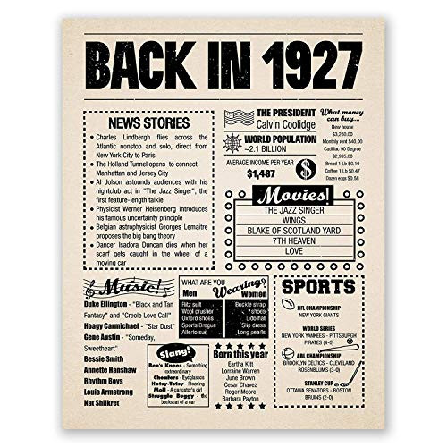 8x10 1927 Birthday Gift    Back in 1927 Newspaper Poster    94th Birthday Gift    94th Party Decoration    94th Birthday Sign    Born in 1927 Print
