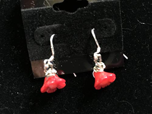 Natural Red Coral Gemstone Flower Sterling Silver Dangle Earrings