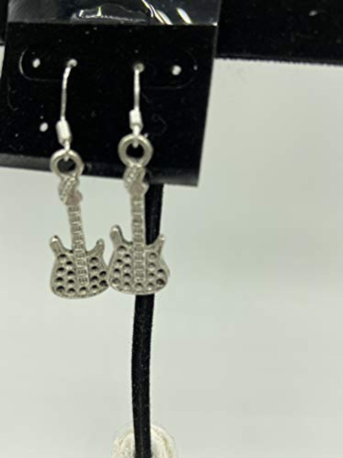 Silvertone Guitar Charm Dangle Earrings with Sterling Silver Hooks