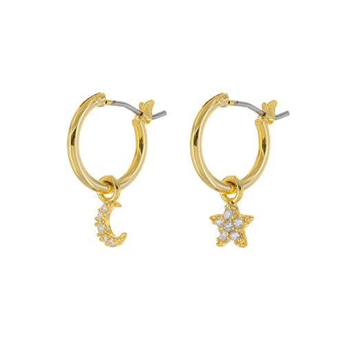 Columbus 14K Gold Plated Charm Hoop Earrings - Dangle Earrings - Moon Star Lightning Bolt and Cross Drop Earrings - Small Hoops  Gold Moon Star