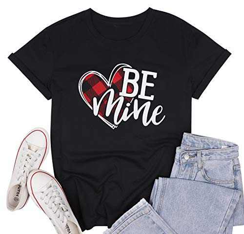 Buffalo Plaid Heart Shirt Top Womens Valentines Day T Shirt Short Sleeve Cute Graphic Print Tee  Black Small