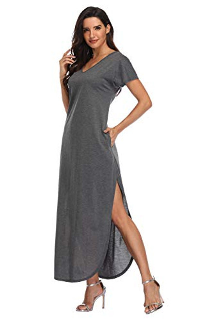 Womens Maxi Dresses Short Sleeve Summer Beach Dress Casual Loose V Neck Side Split Long Dress with Pockets Dark Grey XL