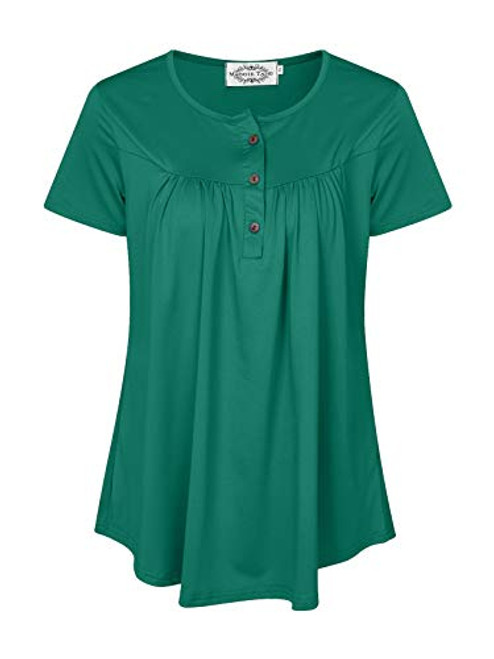 Womens Solid Short Sleeve Button Up Henley V-Neck Loose Fit Pleated Tunic Shirt Blouse Tops Green