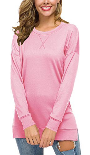 GSVIBK Womens Fall Loose Pullover Tunics Long Sleeve Side Split Tunics Casual Soft Blouse Tunic 226 Pink XL