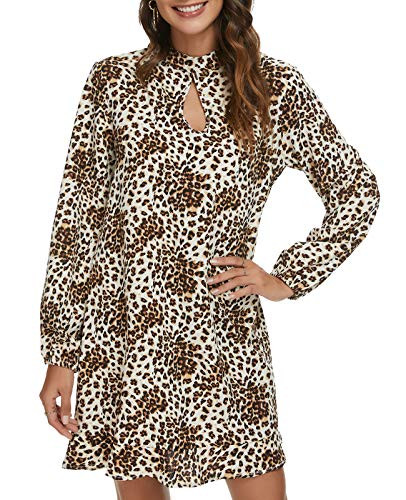 SWEETASE Womens Keyhole V Neck Dress Long Sleeve Keyhole Cutout Ruffle Hem Mini Dresses Brown Medium