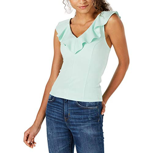 Bar III Womens Knit Ruffled Blouse Green L