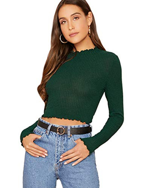SOLY HUX Womens Mock Neck Long Sleeve Lettuce Trim T-Shirt Ribbed Knit Crop Top Green S SOLY HUX Womens Mock Neck Long Sleeve Lettuce Trim T-Shirt Ribbed Knit Crop Top Green S