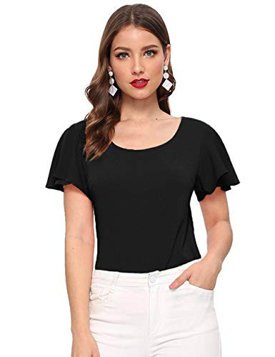 Romwe Womens Summer Ruffle Short Sleeve Slim Fit Casual Blouse Shirts Top Black S