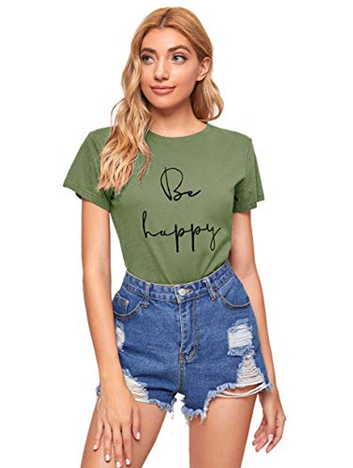 Romwe Womens Letter Graphic Print Short Sleeve Summer Casual Tee T-Shirt Tops Army Green S
