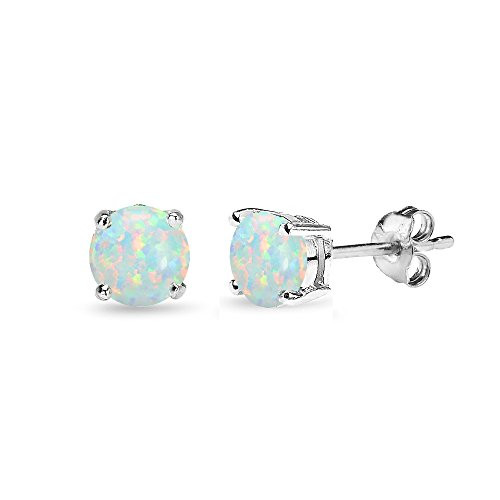 Sterling Silver Synthetic White Opal 5mm Round-Cut Solitaire Stud Earrings