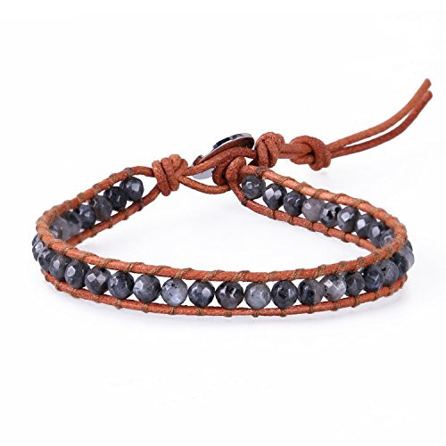 KELITCH Natural Gems Agate Beaded Leather Wrap Bracelets Handmade Woven Braided Bracelets  Black
