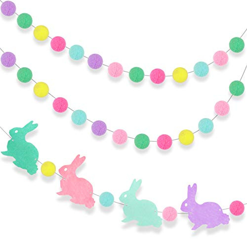 3 Pieces Easter Pom Pom Garlands Colorful Felt Ball Garlands Felt Bunny Ball Garland Pom Pom Hanging Garland Decorations for Easter Holiday Birthday Party Decorations