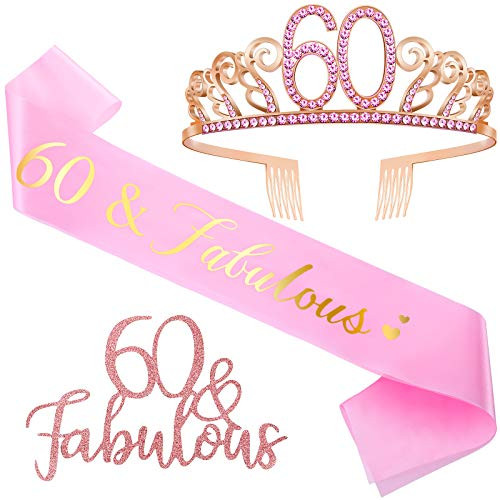 Chuangdi 60th Birthday Crown Tiara 60 Fabulous Satin Sash Cake Topper Rose Gold Decoration Kit Birthday Supplies for 60th Birthday Party