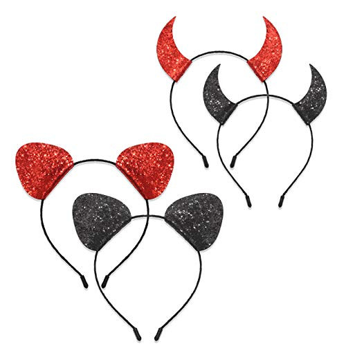 Halloween Devil Horns Headband Glitter Cat Ears hair hoop set  Horns Cat ears