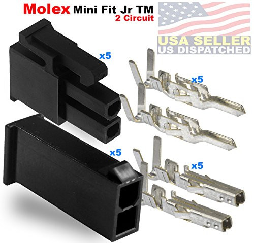 Molex 2 Pin Black Connector Pitch 4.20mm.0165 inch w 18-24 AWG Pin Mini-Fit Jr  5 Match Set