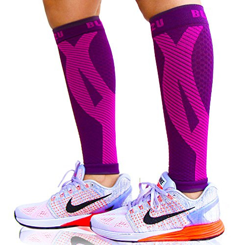 BLITZU Calf Compression Sleeves For Women  and  Men Leg Compression Socks for Runners Shin Splint Recovery from Injury  and  Pain Relief Great for Running Maternity Travel Nurses Purple S-M