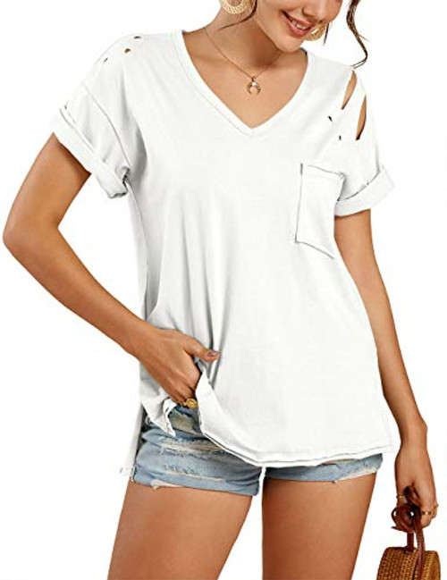 Imily Bela Womens V Neck Ripped T Shirts Summer Casual Short Sleeve Side Slit Tops with Pocket White Imily Bela Womens V Neck Ripped T Shirts Summer Casual Short Sleeve Side Slit Tops with Pocket White
