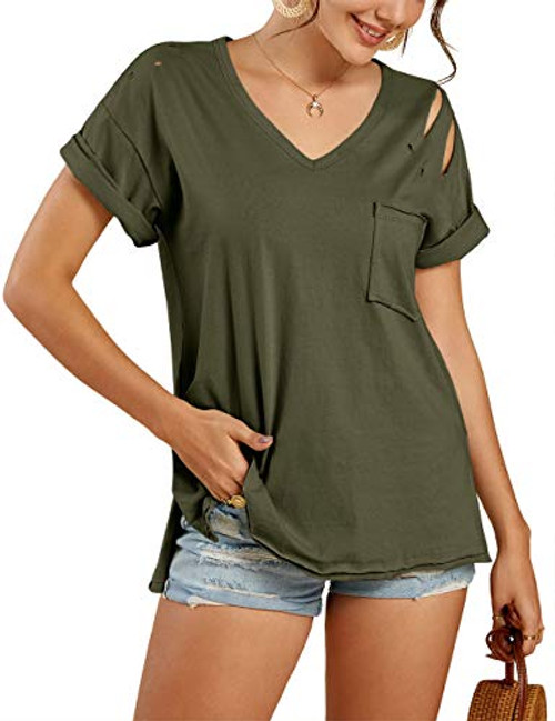 Imily Bela Womens V Neck Ripped T Shirts Summer Casual Short Sleeve Side Slit Tops with Pocket Army Green Imily Bela Womens V Neck Ripped T Shirts Summer Casual Short Sleeve Side Slit Tops with Pocket Army Green