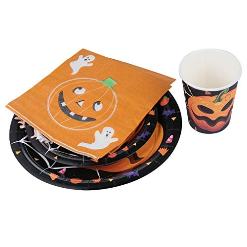 YARDWE 50Pcs Halloween Disposable Dinnerware Set -Serve 10- Pumpkin Ghost Paper Tableware Disposable Paper Plates Napkins and Cups Halloween Party Supplies for Family Gatherings and Birthday Parties