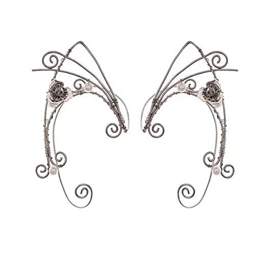 Elf Ear Cuffs Handmade Clip-on Earrings Elven Cuff Wrap Earrings for Women - Pearl Wing Tassel Filigree - Fantasy Fairy Halloween Costume Cosplay Wedding Handcraft  Style 1