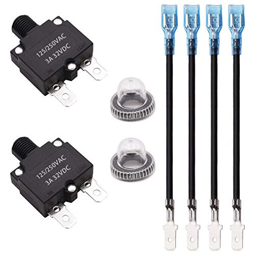 Tnisesm 2 Pcs 3A Push Button Circuit Breaker 125 250V AC 32V DC Manual Reset Thermal Circuit Breaker with 19cm Wire Leads 6.3mm Female Spade Terminals and Waterproof Button Transparent Cap ST1-3A