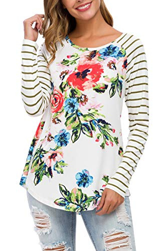 Womens Casual Floral Printed Raglan Long Sleeve Tees T Shirt Tops Blouse Ivory XL