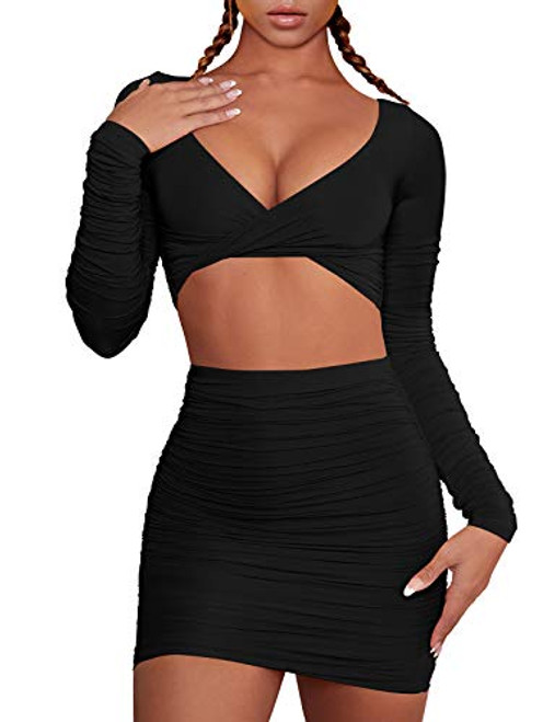 TOB Womens Long Sleeves Crop Tops Bodycon Ruched Skirts Sets Club Mini Dress Black