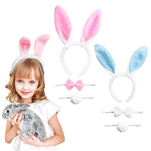 URDEAR 2 Sets Bunny Ears Headbands Easter Rabbit Ears Set with Tails and Bow Tie for Kids and Adults Easter Bunny Costume Party