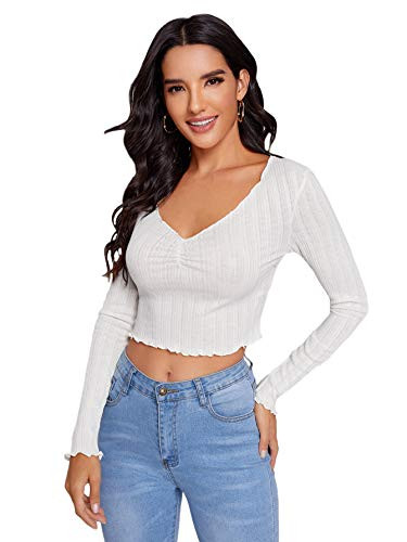 Milumia Womens Ruched Front Lettuce Trim V Neck Crop Tee Rib Knit Solid Fitted Top White Large
