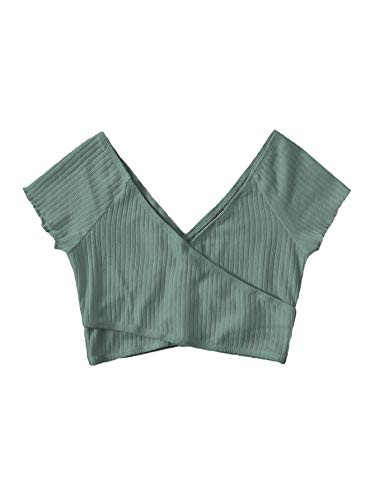 Floerns Womens Cross Wrap Double V Neck Short Sleeve Rib Knit Crop Tee Top Mint Green M