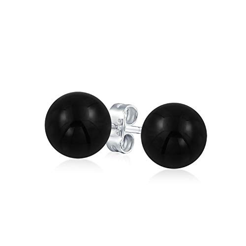Simple Gemstone Black Onyx Round Ball Stud Earrings For Women 925 Sterling Silver 10MM