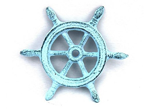 Hampton Nautical  Cast Iron Ship Wheel Decorative Paperweight, 4", Dark Blue/Whitewashed