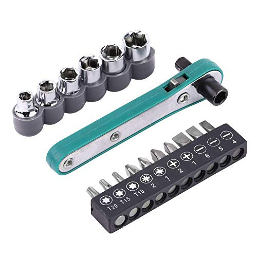 17pcs Dual-Drive Head Right Angle Mini Ratcheting Screwdriver Bit Set with Socket Wrench-Flat Bits Phillips Bits Torque Bits  1 Pack