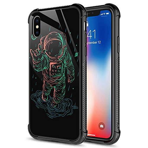 iPhone XR CaseLine Vector Astronaut Love iPhone XR Cases for Girls Boys9H Tempered Glass Graphic Design Shockproof Anti-Scratch Tempered Glass Case for Apple iPhone XR