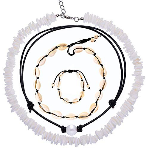 UEUC Shell Pearl Choker Necklace Natural Puka Beach Cowrie NecklaceHandmade Hawaiian Surfer Seashell Necklace and Bracelet for Summer Vacation