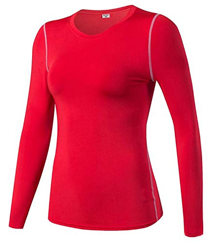 Women Performance Compression Base Layer Long Sleeve Crew Neck Tops Tee T Shirts  US Sizes L Red