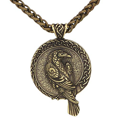 GuoShuang Norse Viking Triple Horn of Odin Raven Huginn and Muninn Amulet Rune Pendant Necklace with Valknut Gift Bag