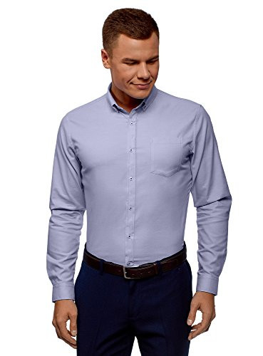 oodji Ultra Mens Basic Slim-Fit Cotton Shirt Blue 17in   US 17   EU 43   L
