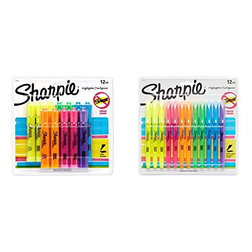 Sharpie Tank Highlighters Assorted Fluorescent Colors Chisel Tip Highlighter Pens 12 Count  and  27145 Pocket Highlighters Chisel Tip Assorted Colors 12-Count