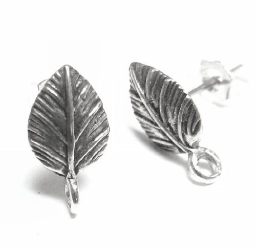 2 pcs .925 Bali Sterling Silver Leaf Stud Earrings Loop Post Findings Antique